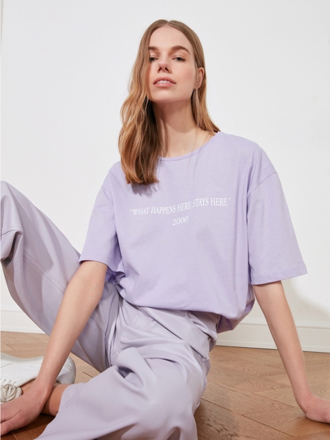 Trendyol Woman Purple Typography Printed Loose T-shirt