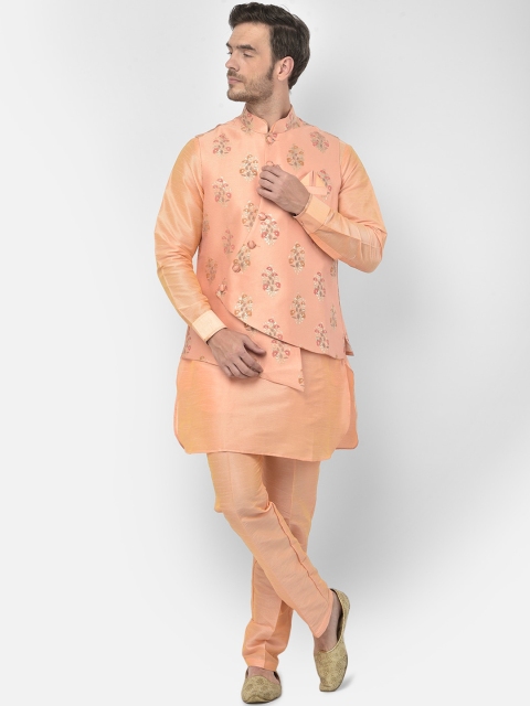 SG RAJASAHAB Men Peach-Coloured Layered Raw Silk Kurta with Pyjamas With Nehru Jacket
SG RAJASAHAB Men Peach-Coloured Layered Raw Silk Kurta with Pyjamas With Nehru Jacket