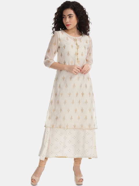 Anahi Women White & Gold-Toned Ethnic Motifs Kurta