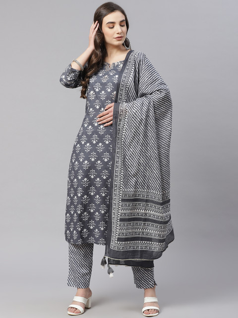 Divena Women Grey & White Pure Cotton Ethnic Motifs Print Kurta with Trousers & Dupatta
Divena Women Grey & White Pure Cotton Ethnic Motifs Print Kurta with Trousers & Dupatta