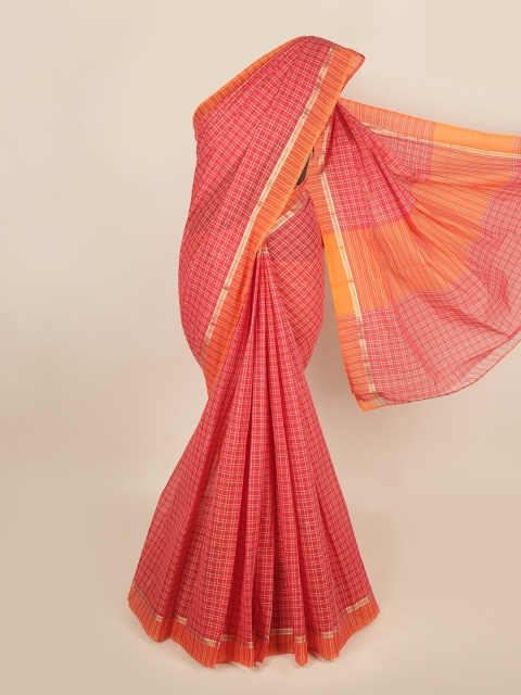 Pothys Red & Orange Checked Zari Pure Cotton Saree