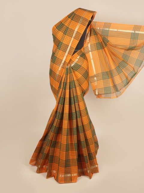 Pothys Orange & Green Checked Zari Pure Cotton Saree