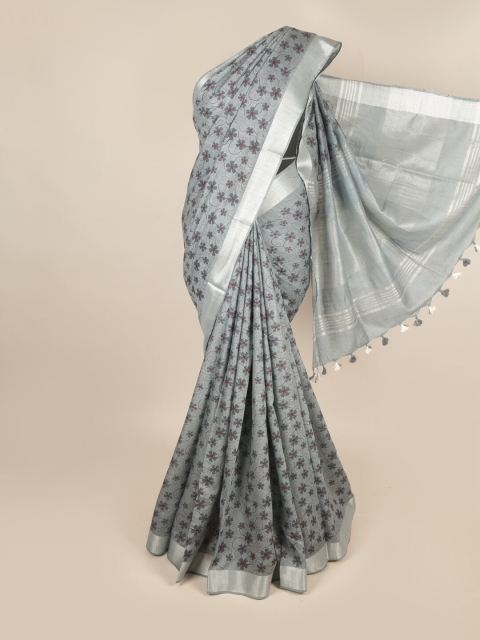 Pothys Grey & Silver-Toned Floral Linen Blend Saree