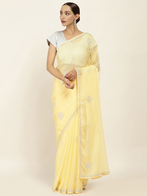 Soch Yellow & Silver-Toned Floral Embroidered Pure Chiffon Saree