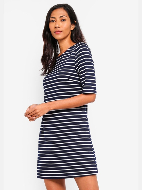 ZALORA BASICS Women Blue & White Striped T-shirt Dress