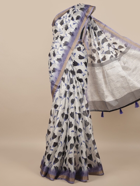 Pothys Off White & Purple Floral Saree