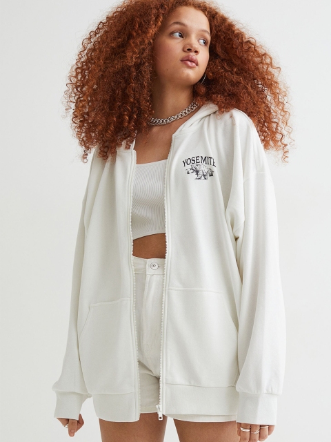 H&M Women White Oversized zip-through hoodie