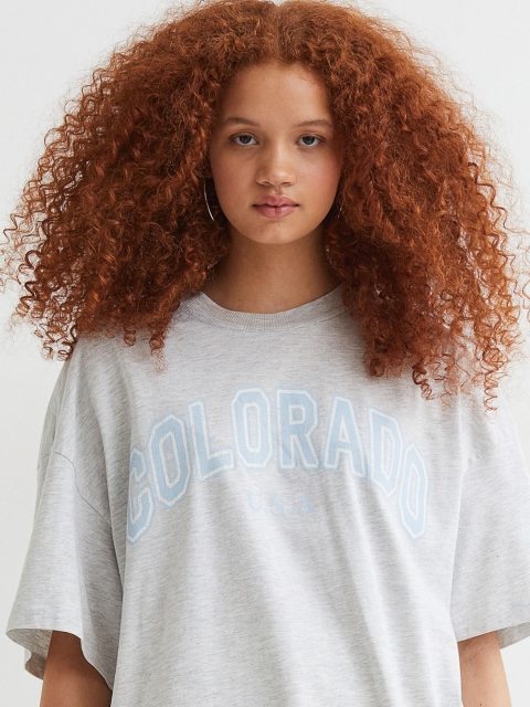 H&M Women Grey Oversized Printed T-shirt