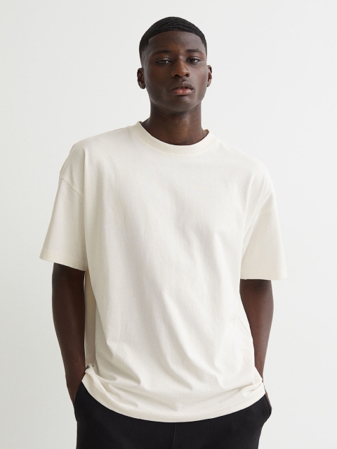 H&M Men White Solid Cotton T-shirt