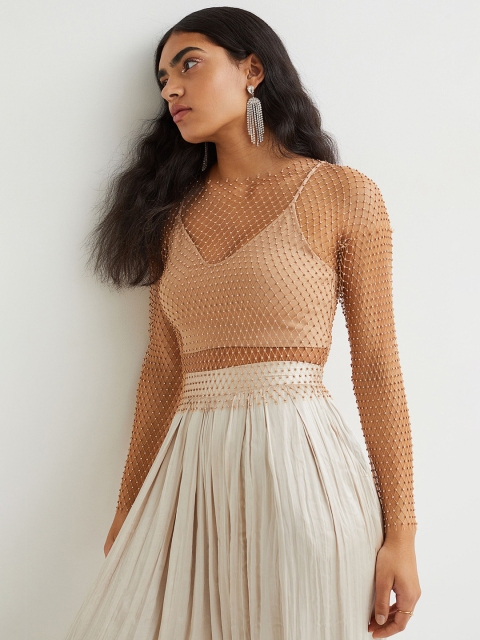 H&M Women Beige Rhinestone-Decorated Mesh Top