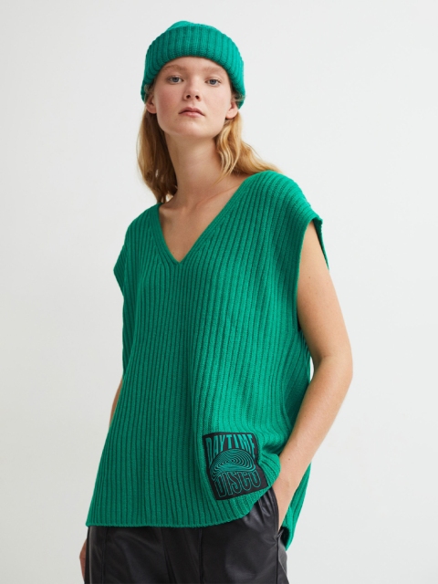 H&M Women Green Ribbed V-Neck Oversized Sweater Vest