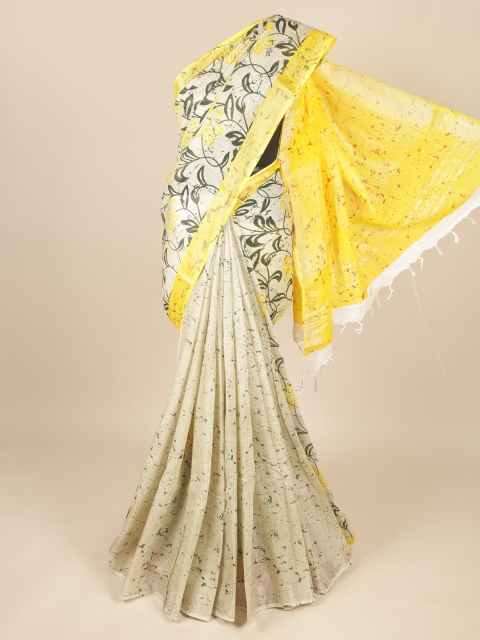 Pothys Cream-Coloured & Yellow Floral Linen Blend Saree