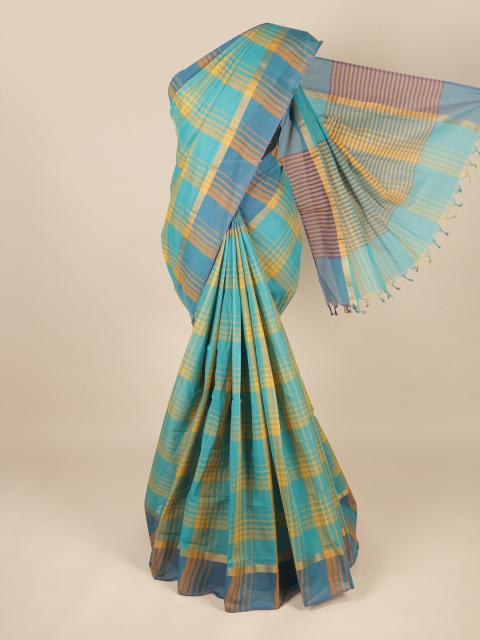 Pothys Blue & Yellow Checked Pure Cotton Saree