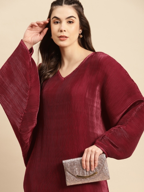 MABISH by Sonal Jain Maroon Satin Finish Accordion Pleats Dolman Sleeves Sheath Dress