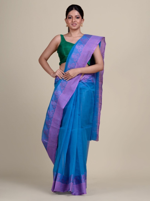 Charukriti Blue & Lavender Paisley Pure Cotton Taant Saree