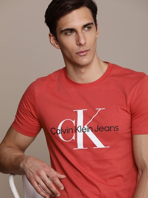 Calvin Klein Jeans Men Red Brand Logo Printed Pure Cotton Slim Fit T-shirt