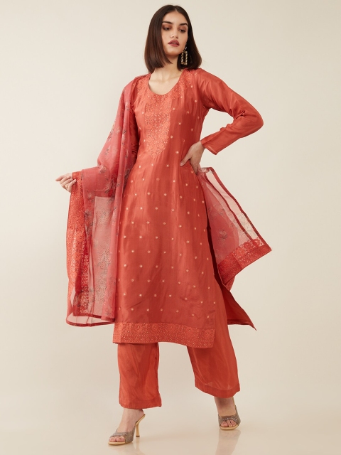 Soch Rust Red Printed Unstitched Dress Material With Dupatta