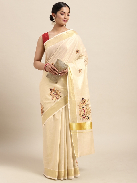 Thara Sarees Cream-Coloured & Golden Handloom Embroidered Zari Pure Cotton Kasavu Saree
Thara Sarees Cream-Coloured & Golden Handloom Embroidered Zari Pure Cotton Kasavu Saree