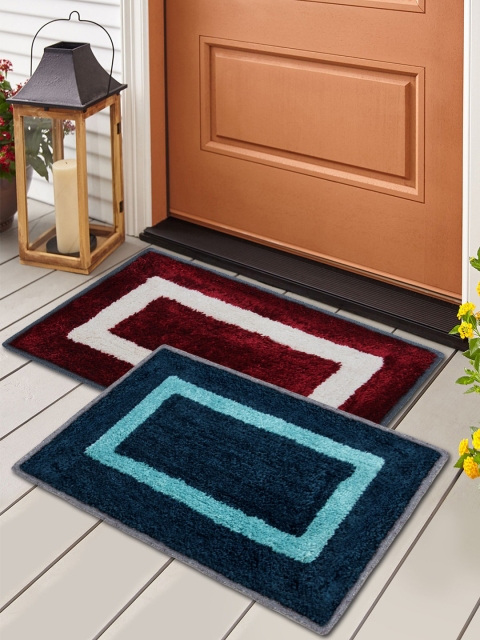 Story@home Set Of 2 Blue & Brown Printed Anti Skid Doormats