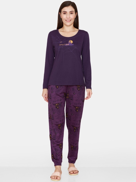 Zivame Women Purple Printed Night Suit
