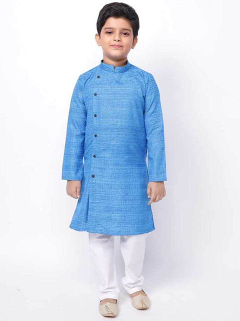 NAMASKAR Boys Blue Printed Angrakha Pure Cotton Kurta with Churidar 
NAMASKAR Boys Blue Printed Angrakha Pure Cotton Kurta with Churidar