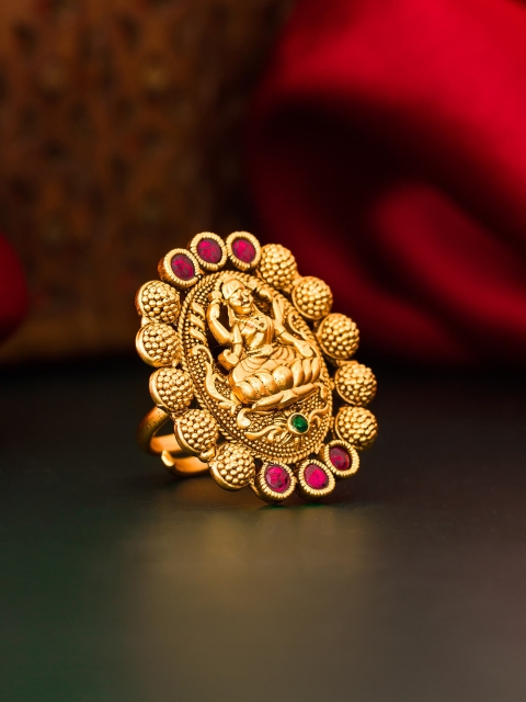 Aadita Gold Toned Free Size AD Studded Temple Ring