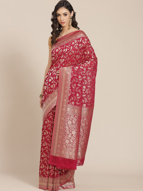 Meena Bazaar Purple & Gold-Toned Woven Design Banarasi Saree 
Meena Bazaar Purple & Gold-Toned Woven Design Banarasi Saree