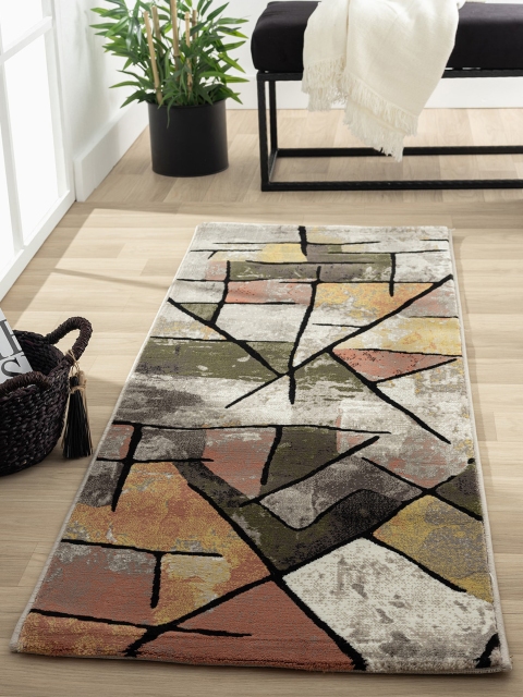 OBSESSIONS Cream-Coloured & Green Abstract Contemporary Bedside Runner