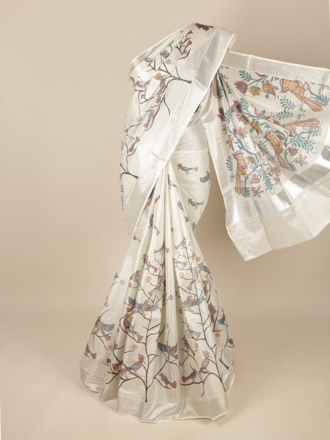 Pothys Silver-Toned & Blue Floral Pure Cotton Saree