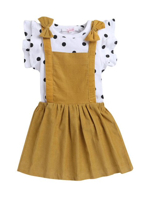 Hopscotch Girls White & Mustard Polka Dots Printed Organic Cotton Top with Pinafore
Hopscotch Girls White & Mustard Polka Dots Printed Organic Cotton Top with Pinafore