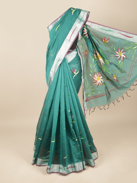 Pothys Green & Silver-Toned Floral Zari Pure Cotton Saree 
Pothys Green & Silver-Toned Floral Zari Pure Cotton Saree
