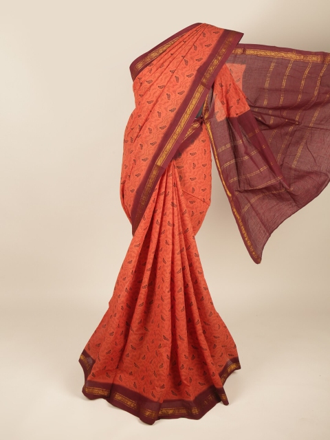Pothys Rust & Maroon Ethnic Motifs Zari Pure Cotton Saree