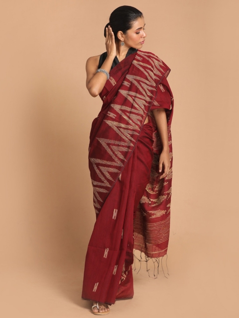 Indethnic Maroon & Gold-Toned Jamdani Saree