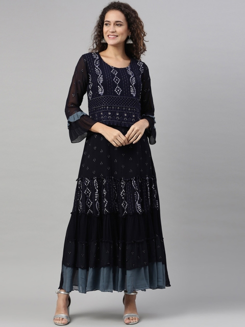 Neerus Women Navy Blue Ethnic Motifs Printed Georgette Kurta