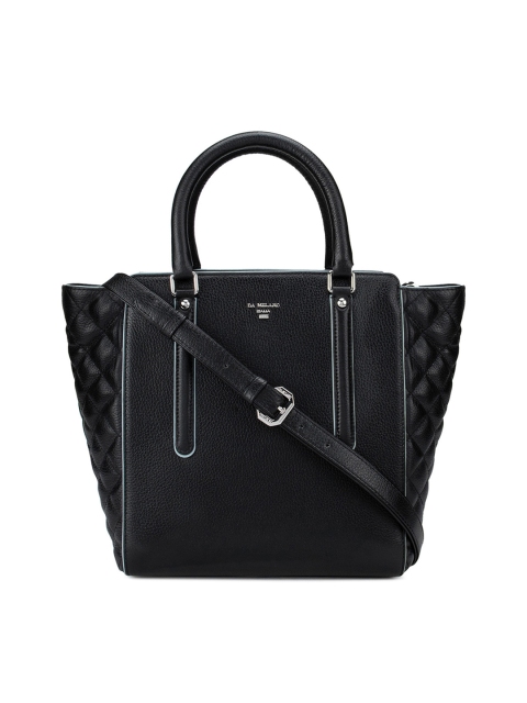Da Milano Black Leather Shopper Handheld Bag with Quilted