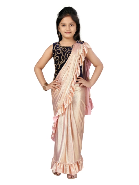 Aarika Girls Navy Blue & Gold-Toned Lehenga Saree