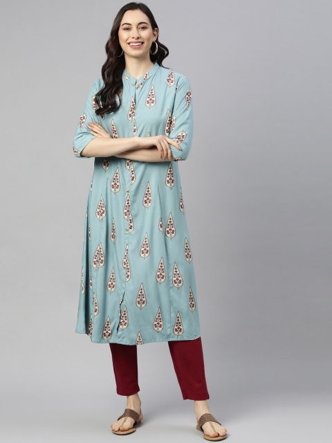GOLDSTROMS Women Sea Green Floral Embroidered Thread Work Kurta