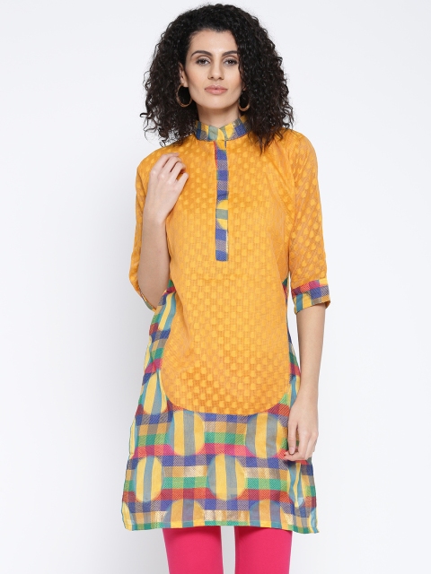 Plume Women Yellow Woven Design Straight Kurta