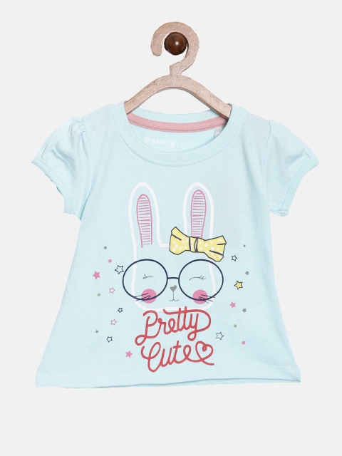Nuberry Girls Turquoise Blue Printed T-shirt