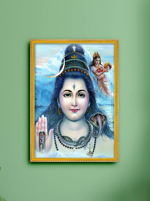 999Store Blue & Gold Lord Shiva Photo Painting with Frame