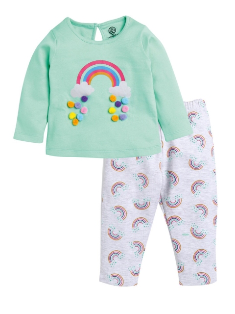 TAMBOURINE Girls Green & Grey Printed T-shirt with Pyjamas