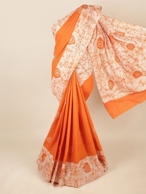 Pothys Orange & White Batik Pure Cotton Saree