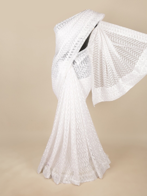 Pothys White Floral Embroidered Net Saree