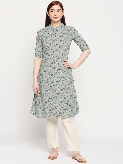 ZRI Women Grey & Blue Floral Printed Floral Kurta