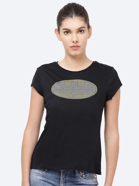 Free Authority Women Black Typography Batman Printed Raw Edge T-shirt