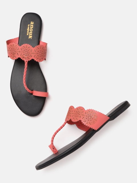Anouk Women Coral Pink Laser Cuts One Toe Flats