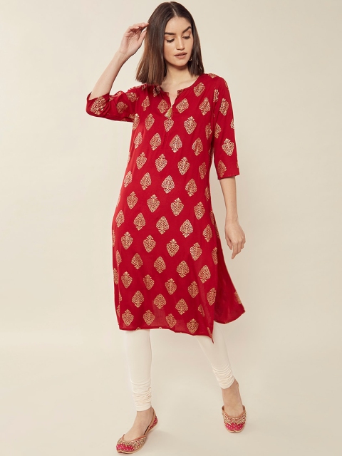 Soch Women Red Keyhole Neck Straight Kurta