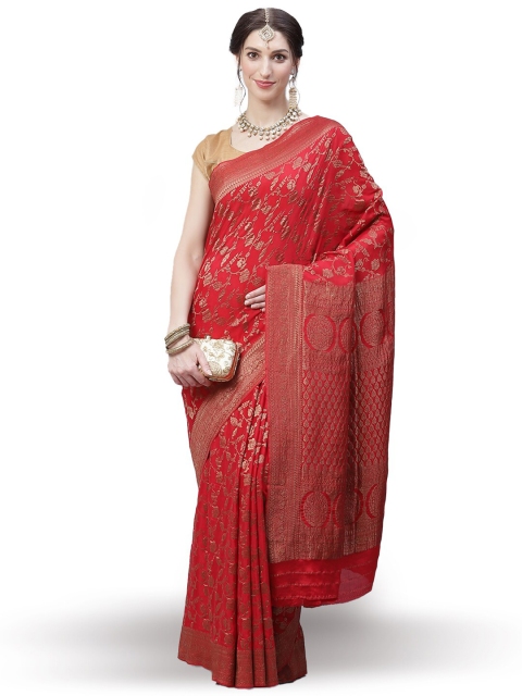 Meena Bazaar Red & Gold Ethnic Motifs Zari Banarasi Saree