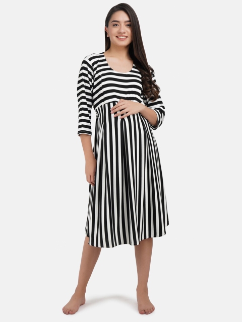 KOI SLEEPWEAR White Striped Maternity Dress with Feeding Pockets