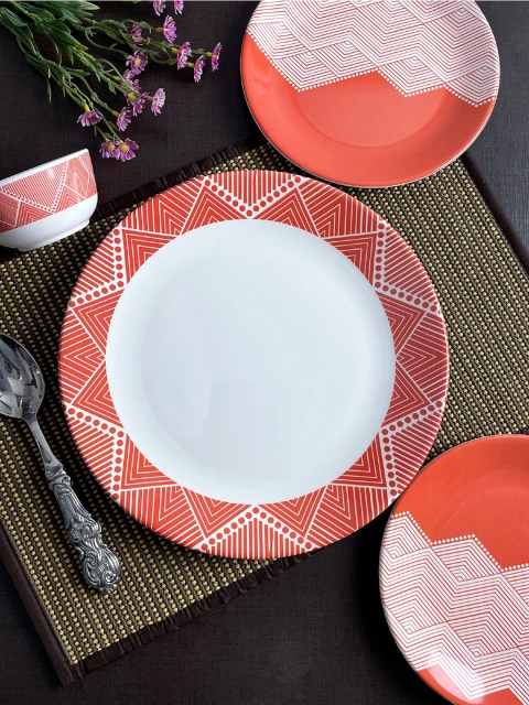 LIVING ROOTS Unisex Orange & White 24 Pieces Microwave Safe Melamine Dinner Set
